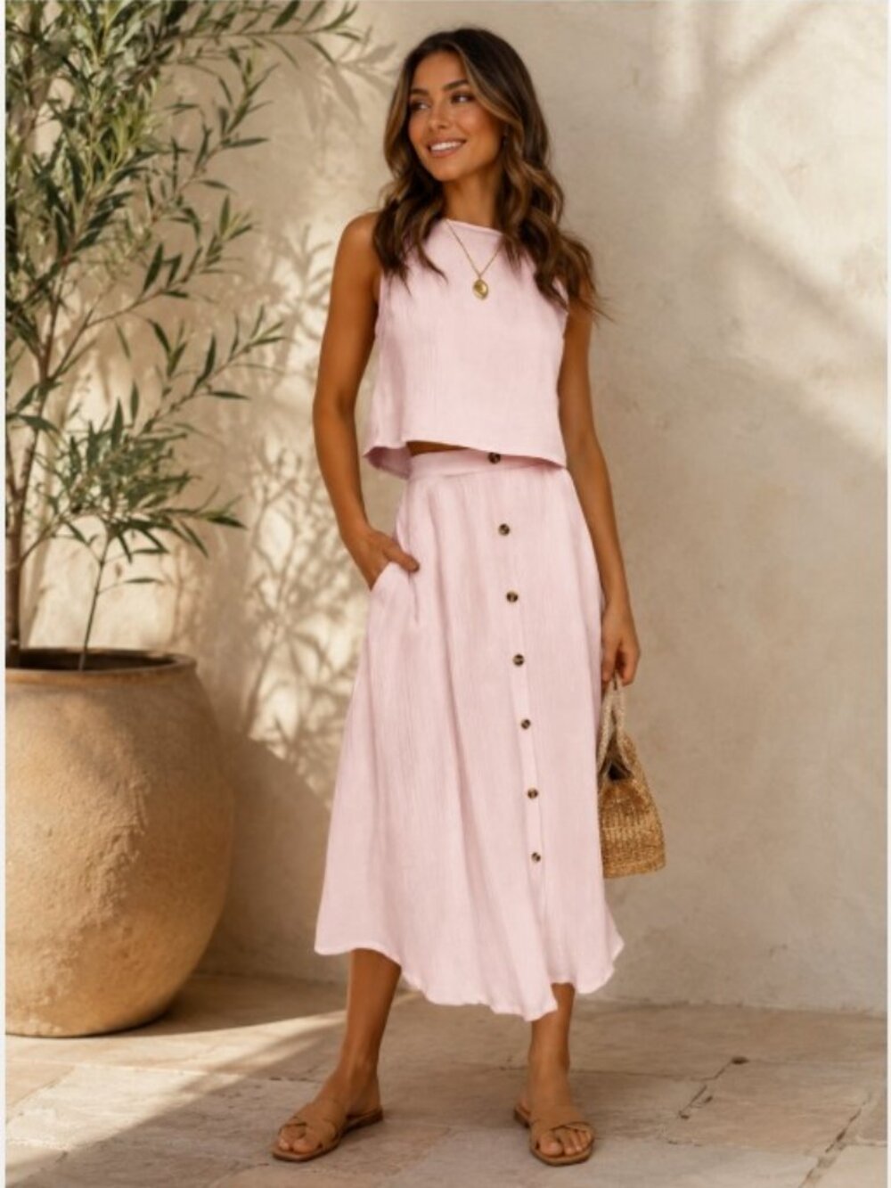 Blush Pink Two-Piece Set Button Midi Skirt & Sleeveless Top